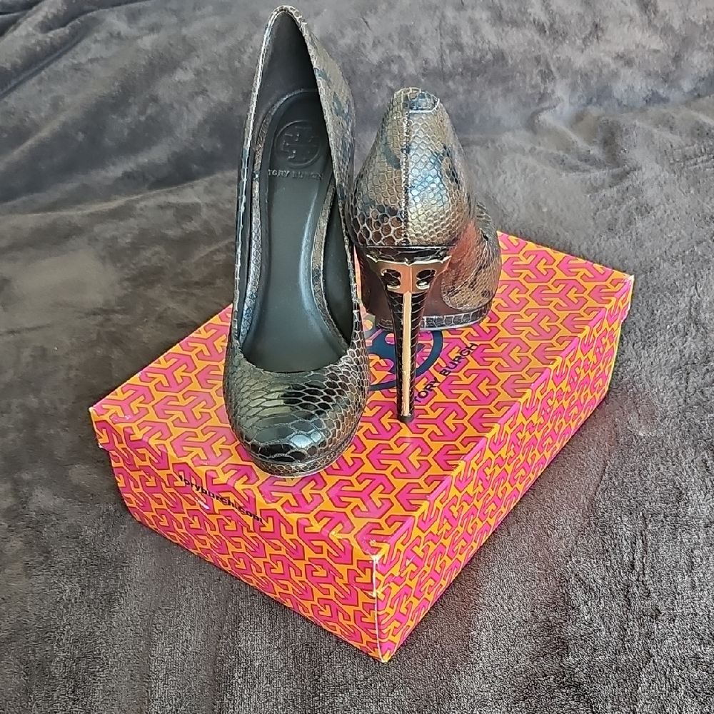 Tory Burch Black Snakeskin Heels